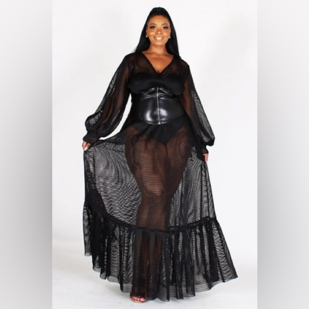 Seduction Sheer Maxi Dress W/Belt (Black)